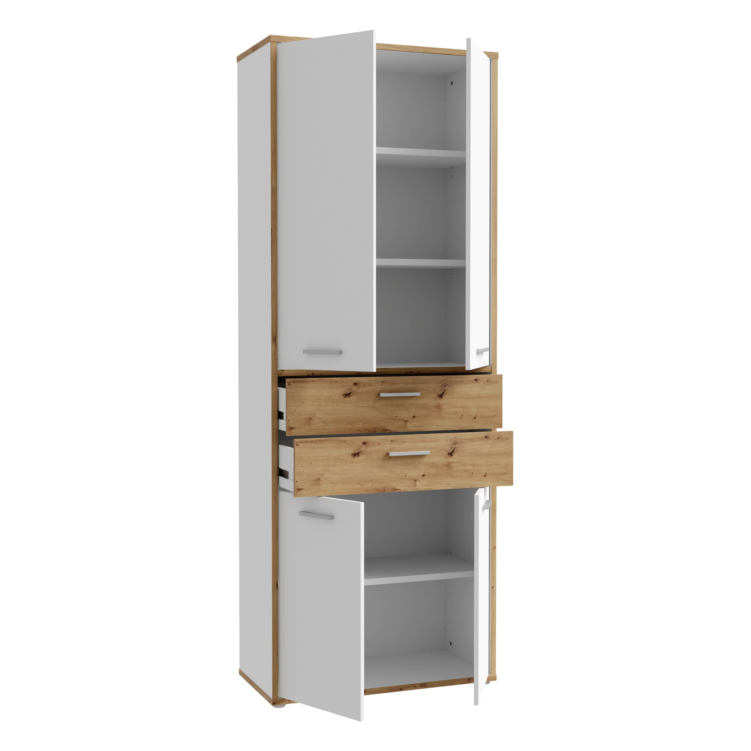 Forte KEFLAVIK Büroschrank 80 90, moderner Büroschrank mit 4 Türen und 2 Schubladen, Weiß|Artisan Eiche Holzdekor, 84,5 cm breit x 226,5 cm hoch x 41,5 cm tief