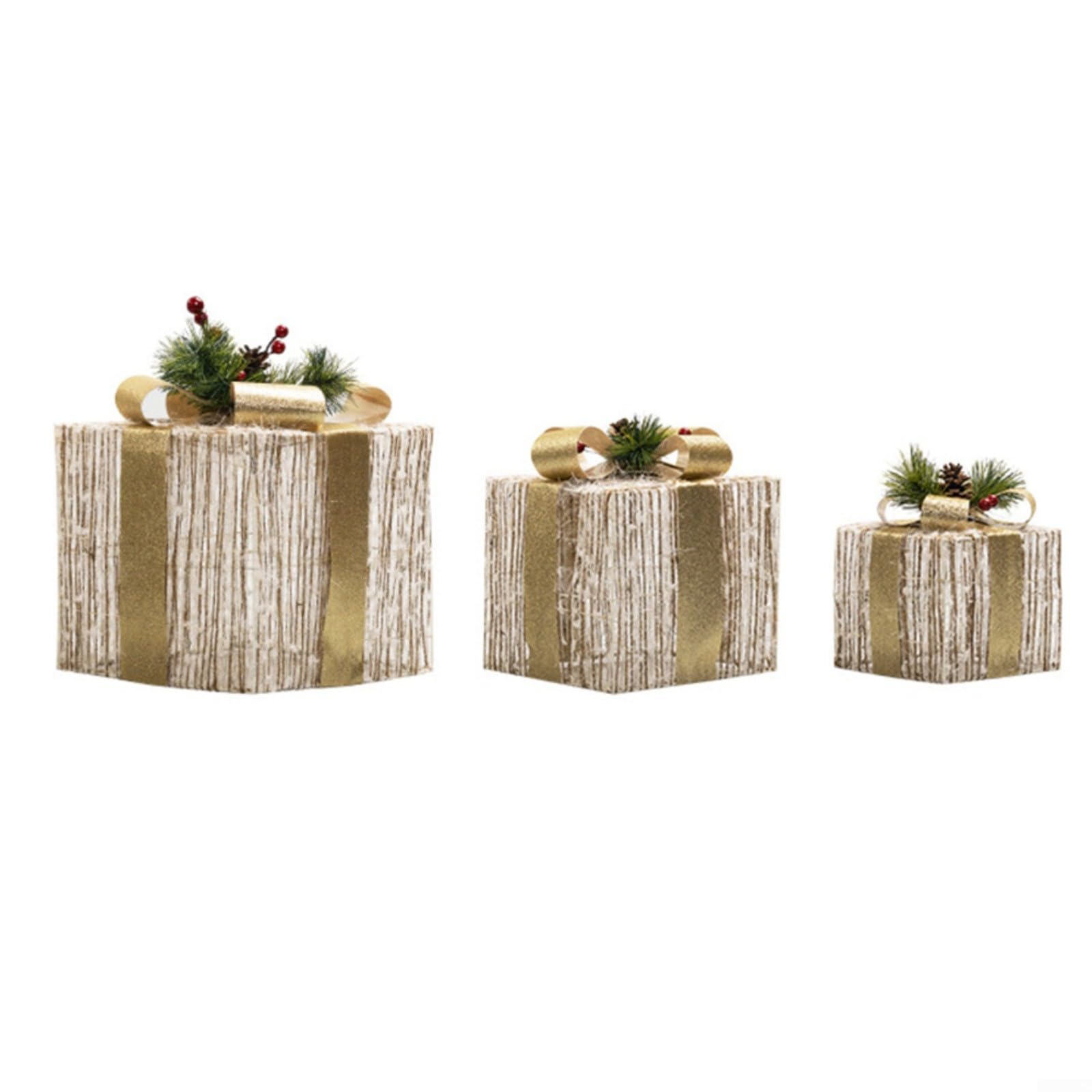 Set mit 3 weihnachtlichen beleuchteten Boxen, Plüsch-Boxen mit silbernen Schleifen, Timer-Funktion für Innen- und Außenbereich, Urlaubsdekoration (Gold)