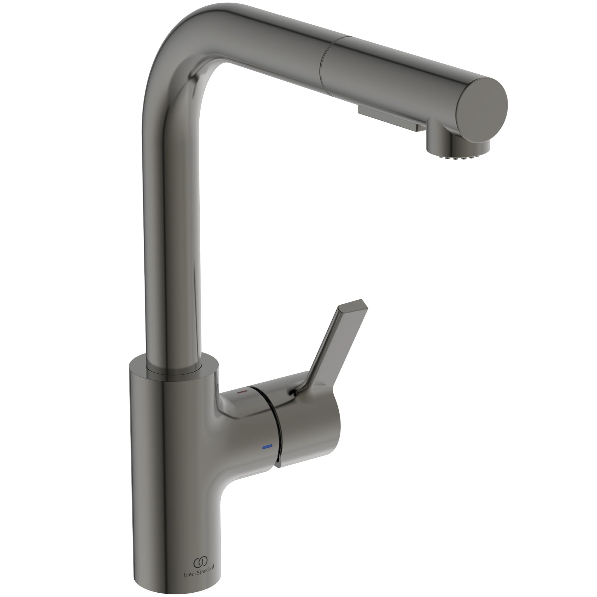 Ideal Standard – Gusto Monomando de cocina, Caño redondo en L, con rociador extraíble y dos modos de chorro, caño giratorio 360°, fácil de instalar con fijación EasyFix+, Gris Magnético