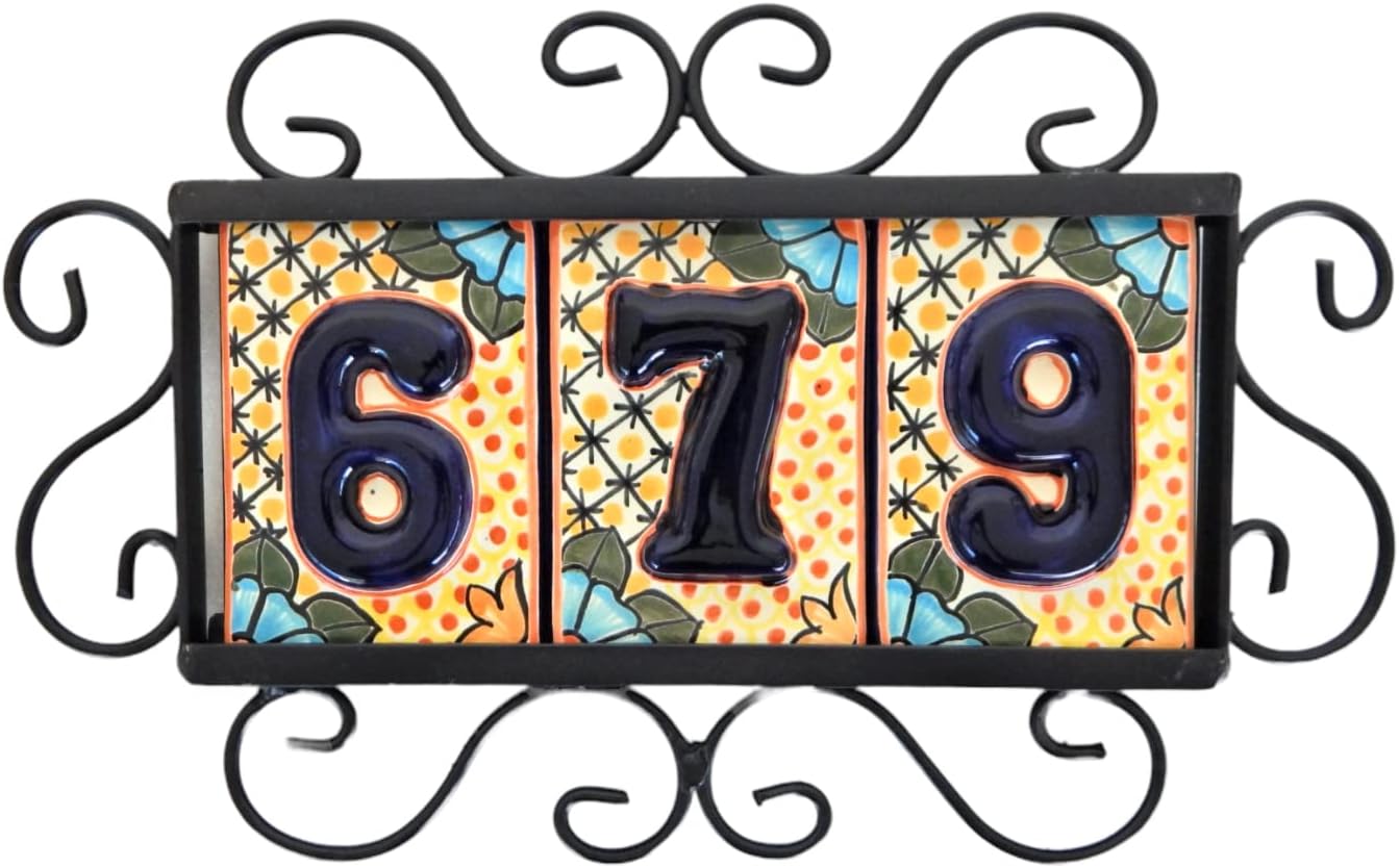3 Mexican Talavera House Number Tile Address Numbers Ceramic Wedding Table Numbers High Relief Flower Orange & Iron Frame HR4