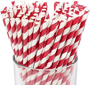 Just Artifacts Premium Disposable Drinking Striped Paper Straws (100pcs, Red)