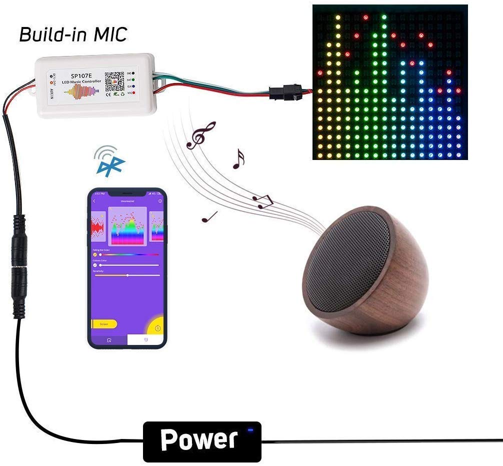 VIPMOON SP107E Controlador Bluetooth de Música para Tira RGB WS2811 WS2812B WS2801 SK6812 - Control Remoto DC5-24V, App IOS/Android