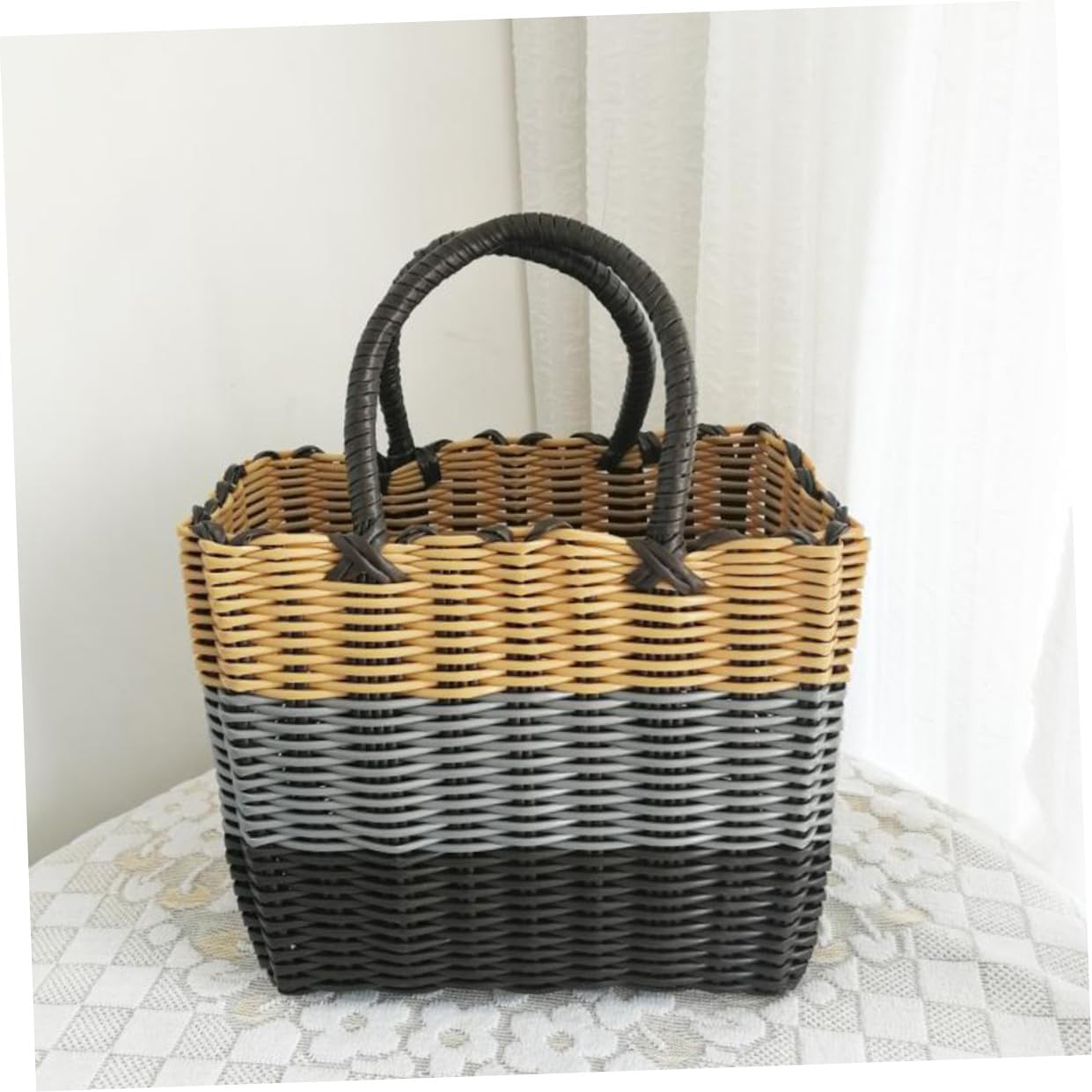 Panier à provisions en plastique avec poignée en plastique tissé Panier de transport Panier de plage Panier de rangement pour légumes, fruits, jouets, pique-, shopping en plein air