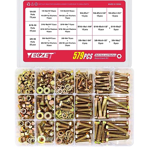 579PCS Grade 8 Heavy Duty Bolts and Nuts Washers Kit, 1/4-20 5/16-18 3/8-16 Hex Bolts Nuts Assortment Kit, Includes 15 Most Common Sizes