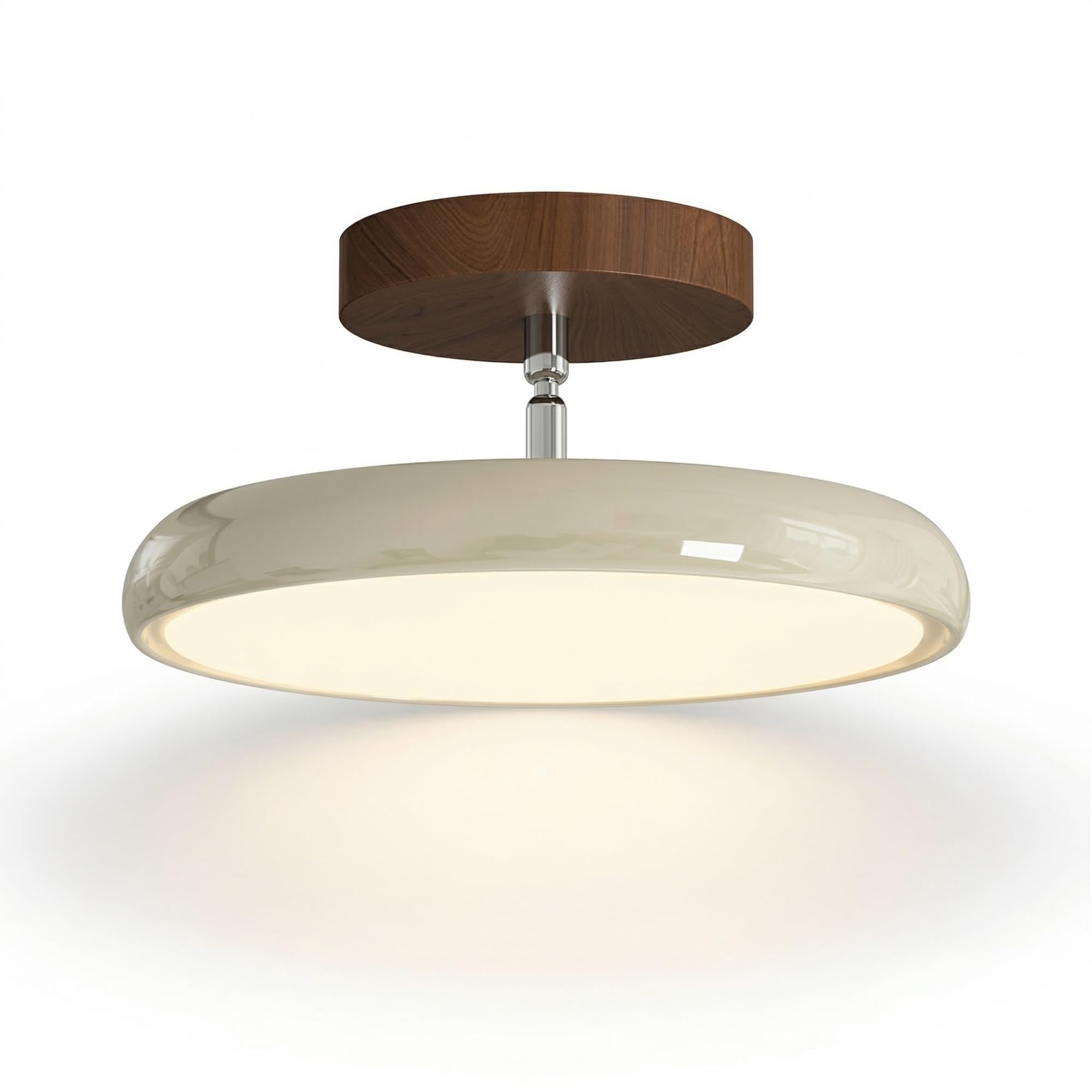 NHPJFDC Cream White Flush Mount Ceiling Light, Walnut Wood Round Ceiling Lamp with Swivel Shade, Mid Century Fixture for Bedroom, Balcony, Entryway, Reading Nook Residential(White,Large)