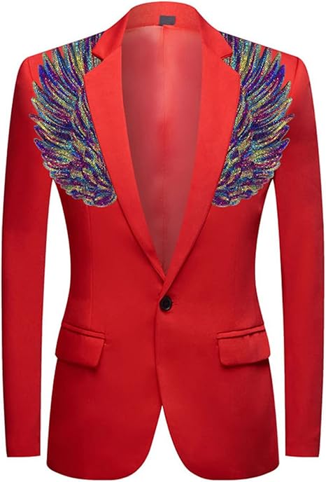 Amazon Co Jp メンズブレザーファッションメンズウェディングスーツジャケットノッチラペルカジュアルパーティープロムディナーナイトクラブバーパープルスパンコールウィングドレスジャケットステージコスチュームブレザー 赤 L ファッション