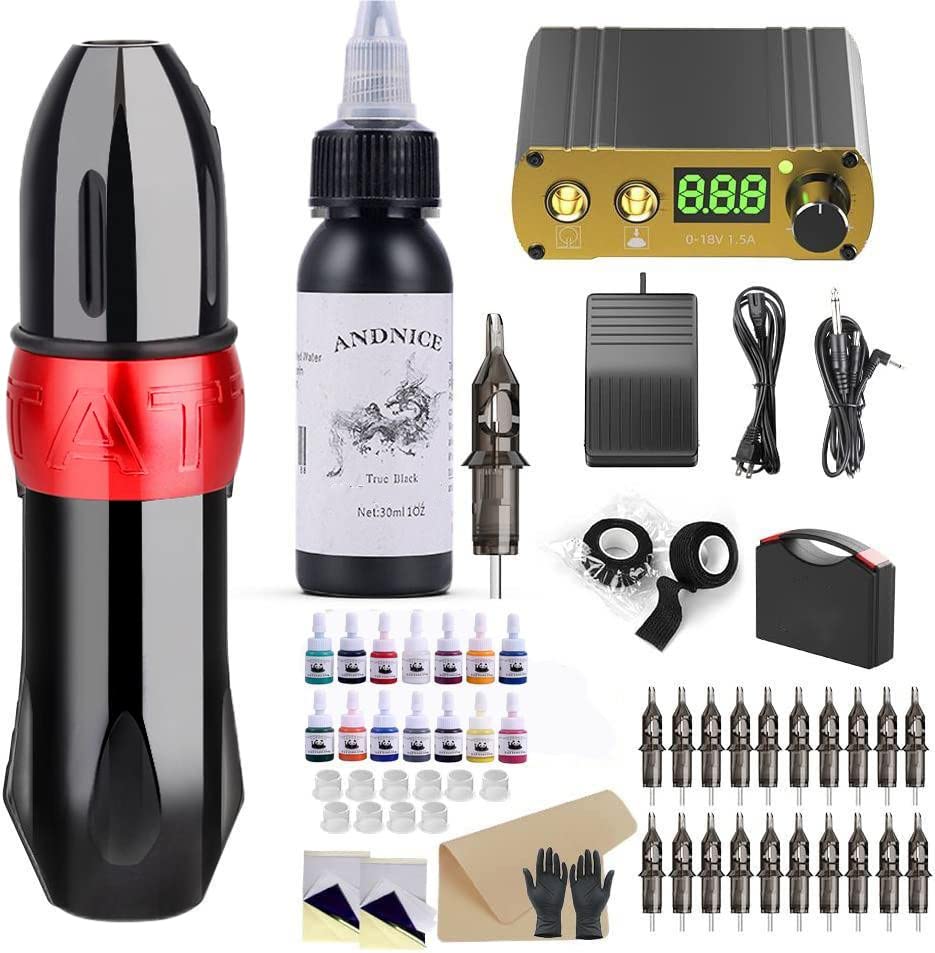 Machine Kit Rotary Pen Machine Power Supply 20Pcs Cartridges Fake Skin Grip Tape-red