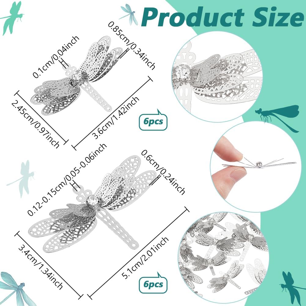 NBEADS 12Pcs 2 Styles Dragonfly Hanging Suncatcher, Brass Filigree Beads with Crystal Rhinestone Hanging Window Pendant for Window Wedding Garden Decor Jewelry Making, Platinum - Image 2