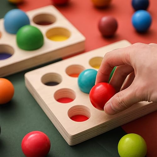 Miniatura 3 de ibwaae Bolas de clasificación de colores de madera, juego de tablero de clavijas, juguetes a juego de colores del arco iris, 12 piezas, bolas de