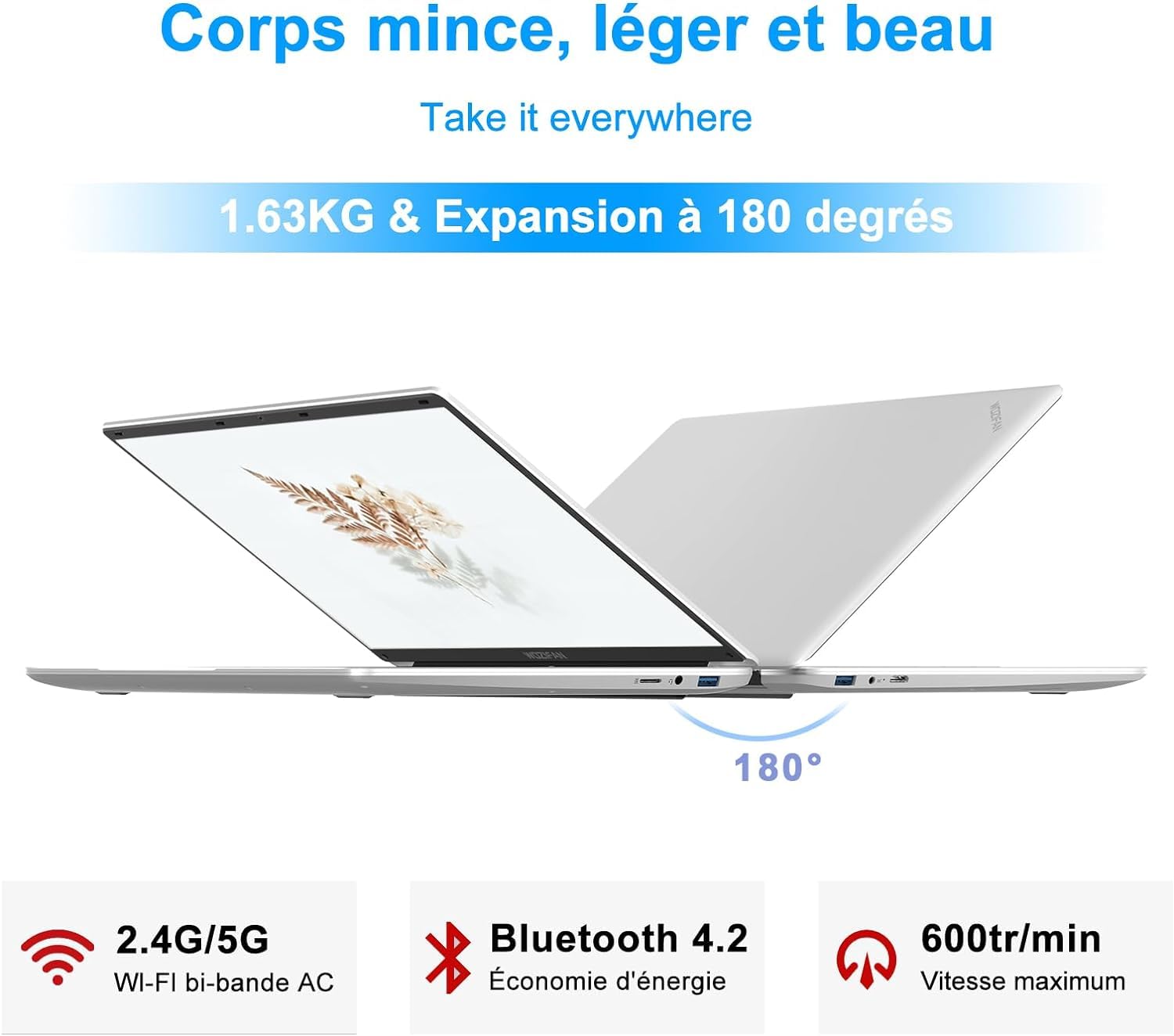 Ordinateur PC portable 15.6 pouces 6+128Go Win11 Celeron N4020 Support 1 To SSD Expansion 2.4G+5G WiFi Bluetooth 4.2 USB HDMI 1920 x 1080 FHD avec souris sans fil & Membrane de clavier AZERTY - Argent