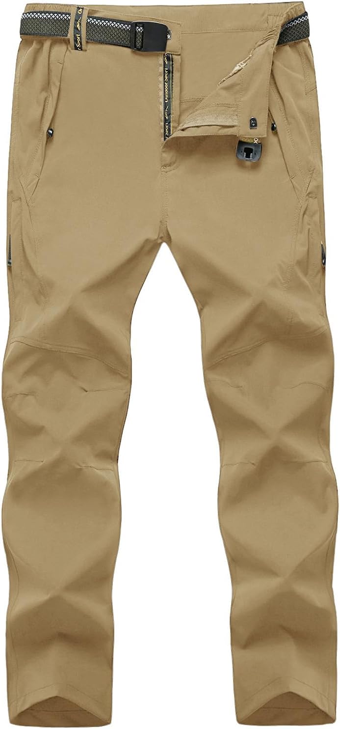 TBMPOYMen's Lightweight Hiking Pants with Belt 5 Zip Pockets Waterproof Quick-Dry Travel Fishing Work Outdoor Pants