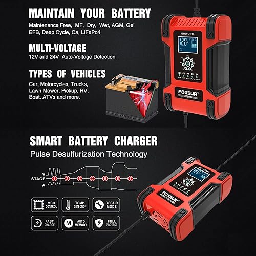 Miniatura 2 de Cargador inteligente de reparación de pulso de plomo LiFePO4 de 12V 24V 12A Cargador de batería de motocicleta y coche AGM Deep Cycle Gel EFB