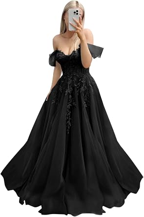 yinyyinhs Tulle Lace Appliques Prom Dresses for Women 2025 Long Off Shoulder A-Line Formal Evening Party Ball Gowns