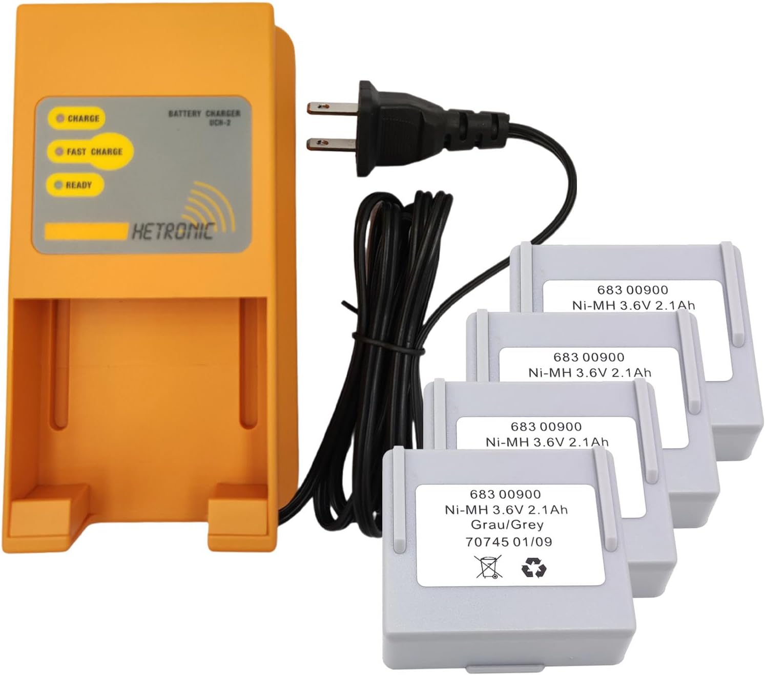 (1 Pack) Hetronic UCH-2 Battery Charger Input 90-270V AC Output 300/780mA Battery Charger and (4 Pack) 3.6V 2100mAh Hetronic 68300900 Battery for HETRONIC Remote Control 68300900 Battery (US Plug)