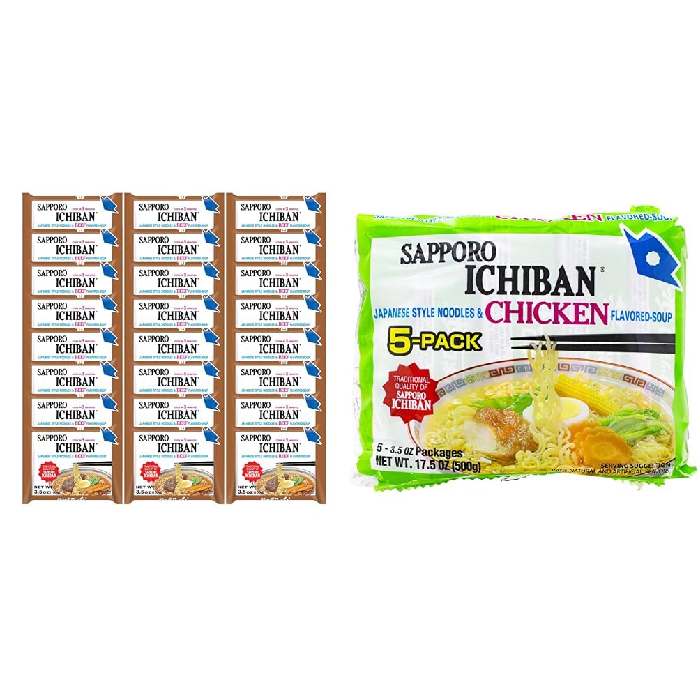 SAPPORO ICHIBAN Japanese Ramen Bundle - Beef Flavor (3.5 Oz. x 24 Pack Case) & Chicken Flavored Noodle Soup (17.5 oz)