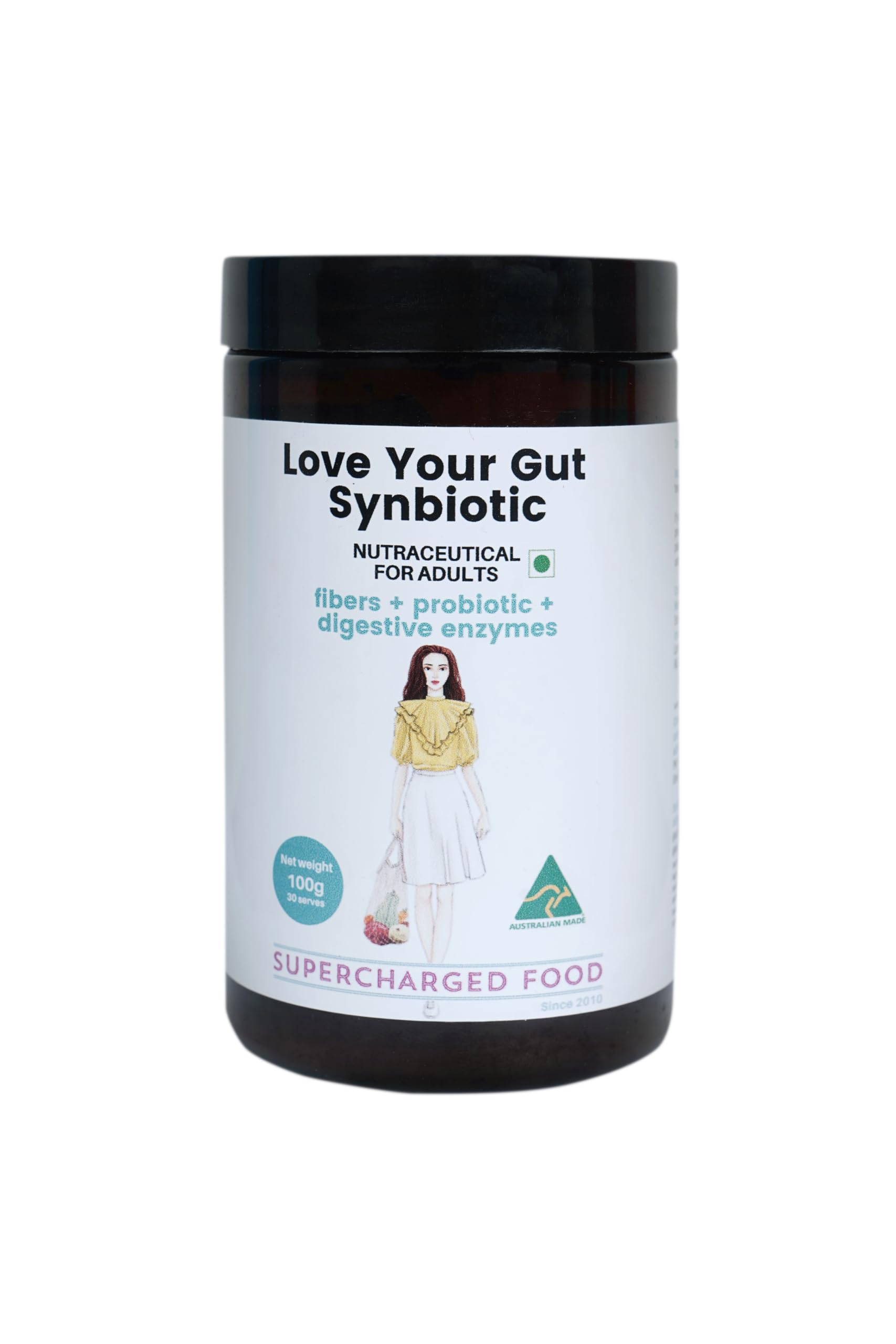 SUPERCHARGED FOOD Love Your Gut Synbiotic Nutraceutical for Adults Probiotic, Digestive Enzymes & Fiber Blend, Boosts Digestion, Gluten-Free, Vegan, Natural Australian Formula (100g)-image-2