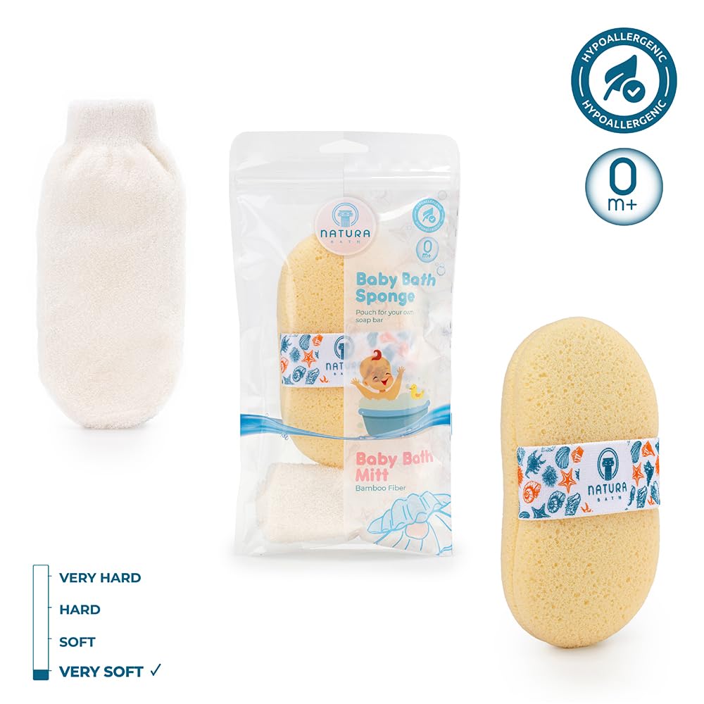 Juego de esponja y manoplas naturales para bebé, para baño y ducha, hipoalergénico