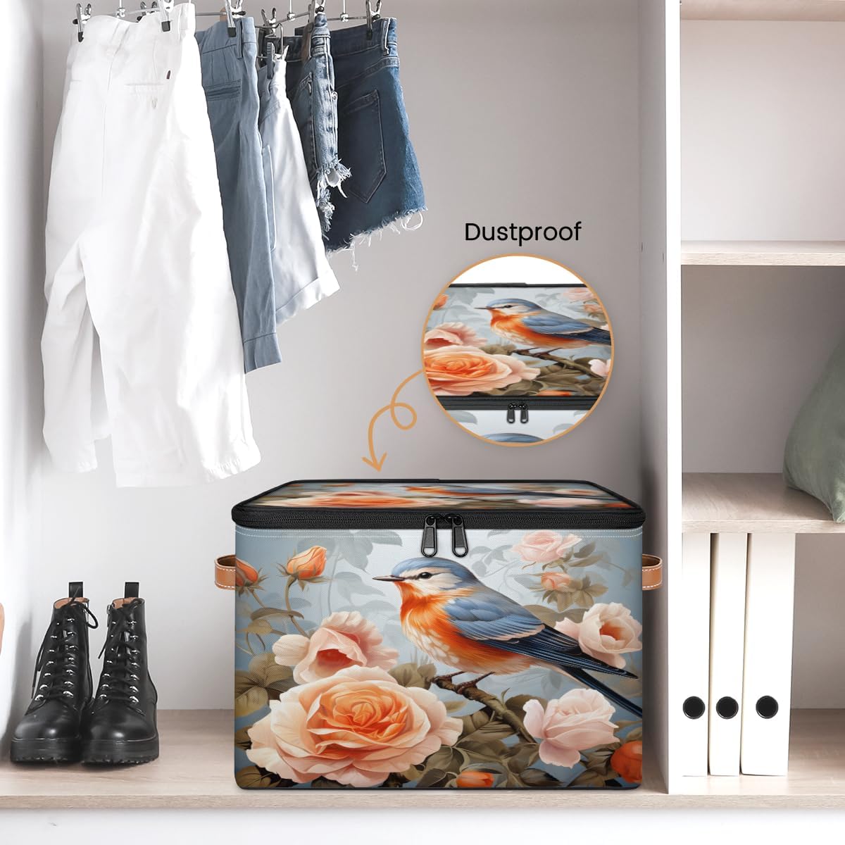 Storage Bin Set of 2 Bird Flower Storage Basket with Zipper Lid & Handle Foldable Closet Shelf 2 Pack Cloth Organizer Basket Cube Bins Clothes Organizer for Bedroom, Nursery