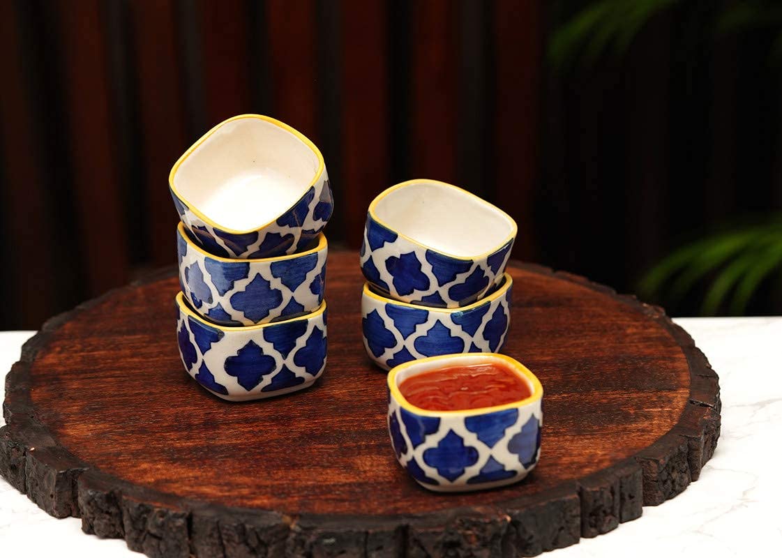 Crock Comforts Ceramic Handcrafted Stoneware Blue Square Moroccan Pattern Small Chutney Bowl/Pickle/Sauce/Small Katori/Mini Dip Bowl/Salsa(2.5inch,40ml, Set of 6,Microwave & Dishwasher Safe,MSC06)