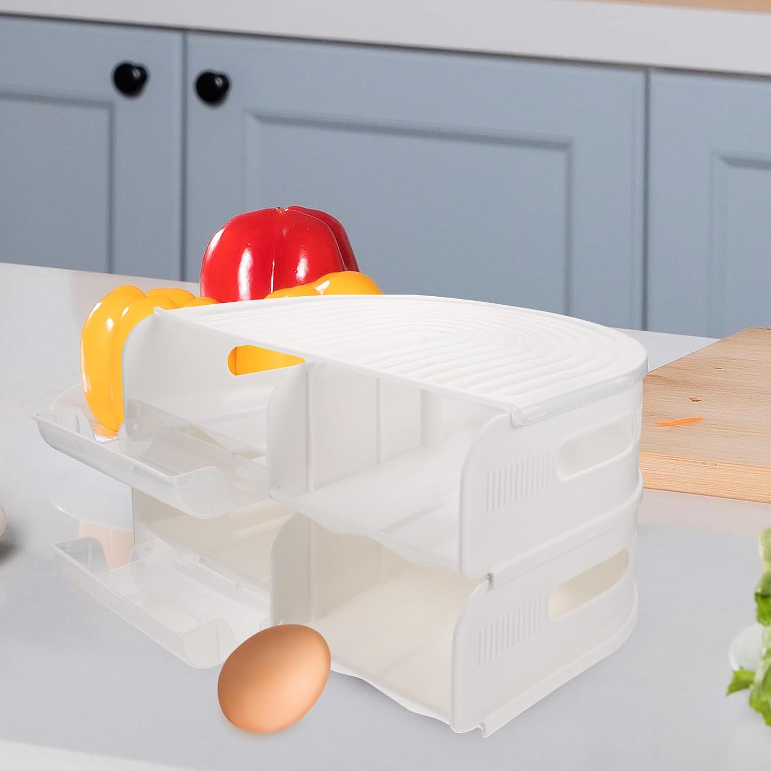 Automatic Rolling Egg Container for Refrigerator with Lid, Two-layer Semi- Egg Storage Box for Kitchen Fridge Organizer