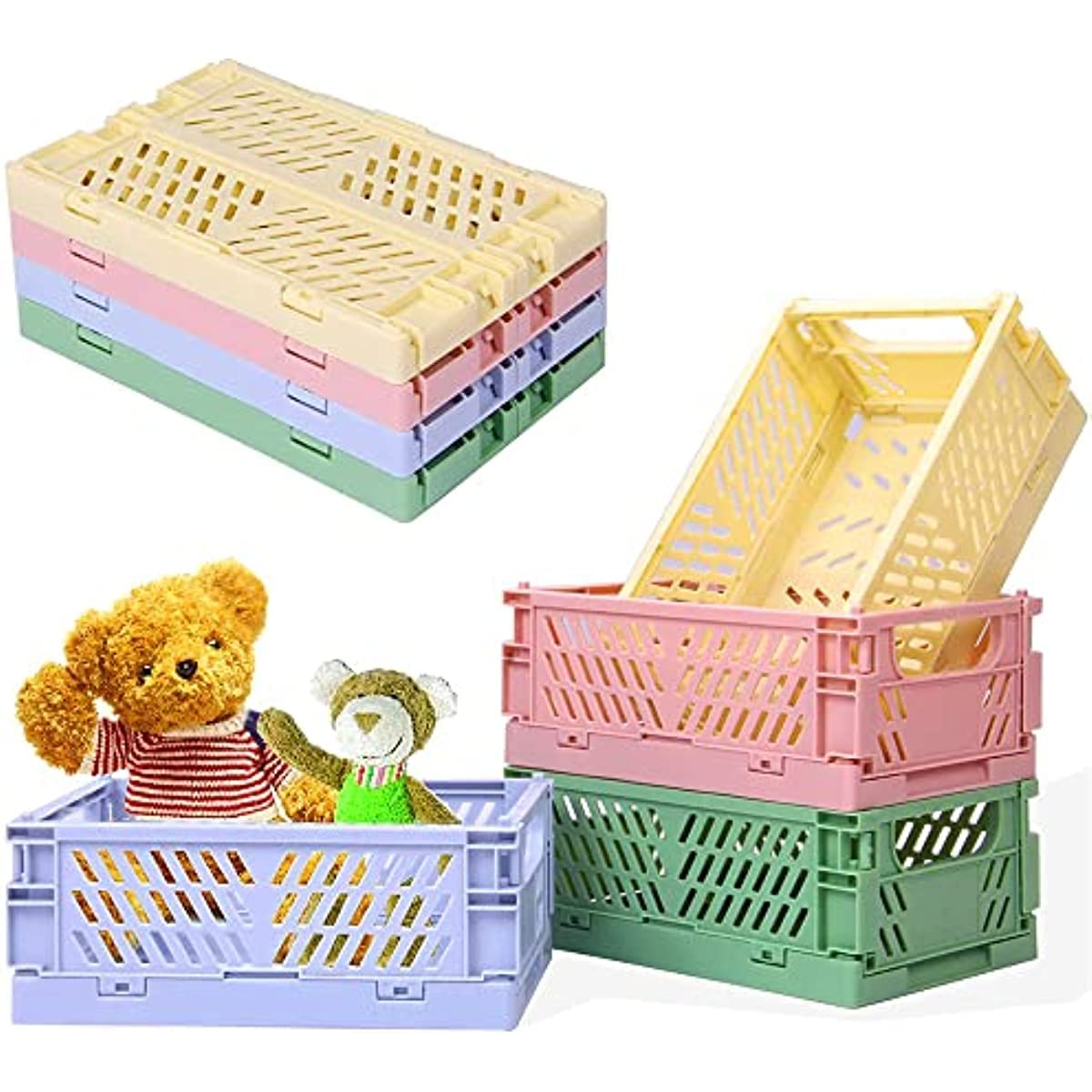 XBLDS Mini Storage Baskets, 4 Pcs Plastic Foldable Storage Baskets Desk Crates Storage Box Stackable Small Desktop Organizer for Office Kitchen Bathroom
