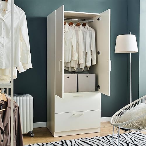 Miniatura 2 de Two Door Wood Closet with Two Drawers and Hanging Bars in White