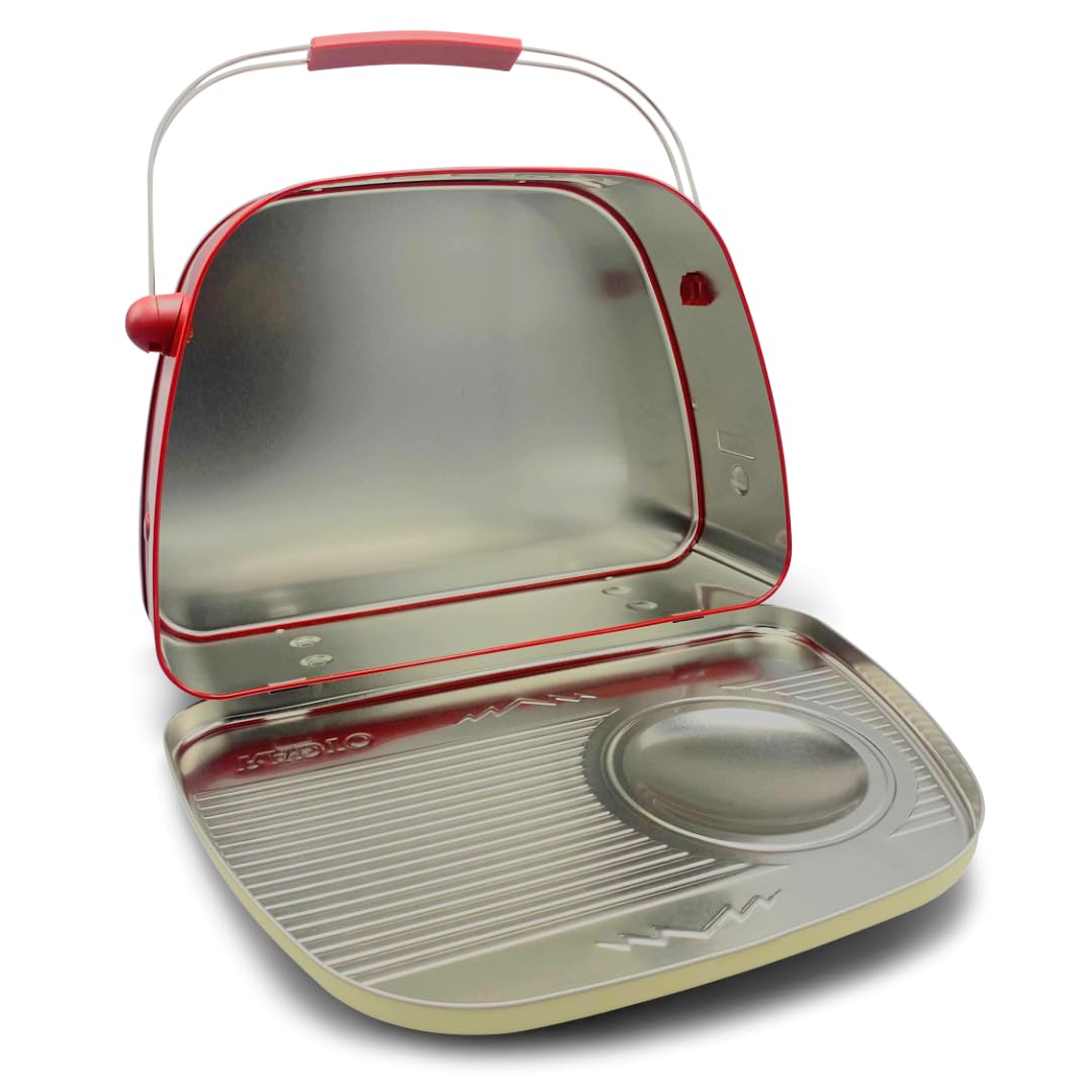Blik in de vorm van een radio in retrodecor rond beige koekjesblik deco box, volume: 3 l, afmetingen: 32x 22 x 7 cm
