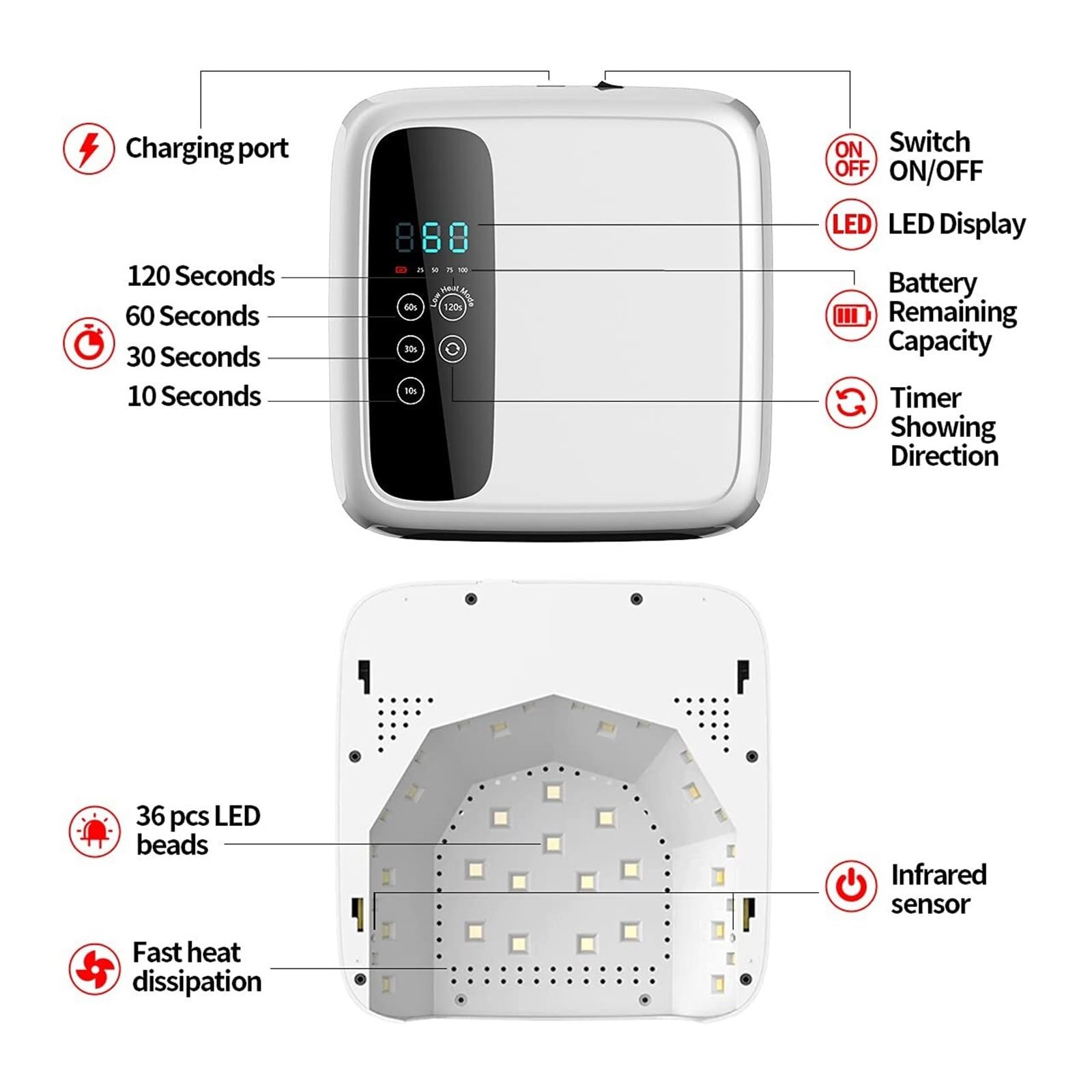 Lampa UV do Paznokci, Lampa LED UV do paznokci bezprzewodowa lampa Led do paznokci UV 72W akumulator 15600mAH profesjonalna suszarka do paznokci żelowych lakier do paznokci lampa Curling,Dla domu i s