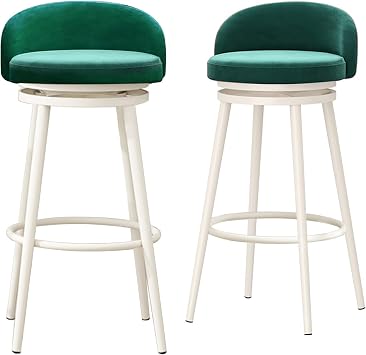 Swivel Bar Stool with Low Back Set of 2, 65cm Armless Counter Height Stool Velvet Bar Chair with White Metal Frame for Kitchen Island Dining Room Patio, Green