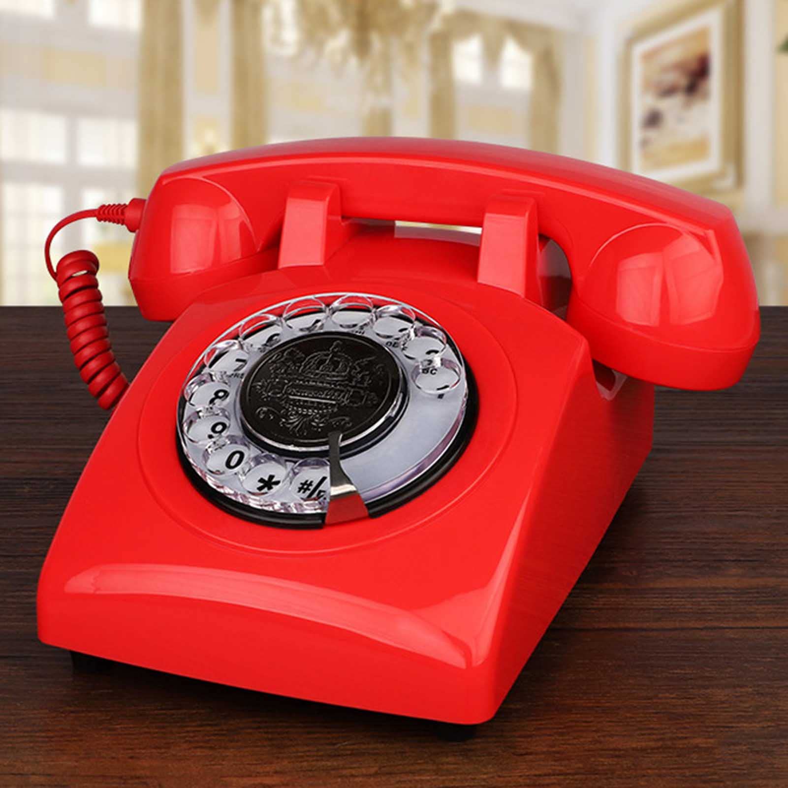 z kręconym przewodem, telefon stacjonarny, zabytkowy tarczą, staroświecki, klasyczna dekoracja(Red)