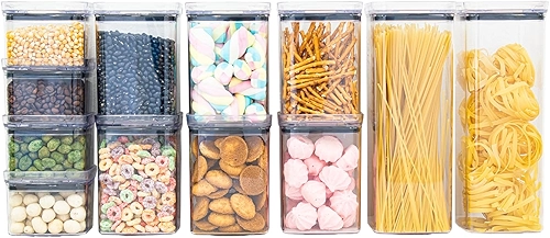 Kit 12 Potes Herméticos Acrílico Quadrado Empilháveis, Tampa de Vedação Silicone, Porta Alimentos e Mantimentos, Armário Cozinha Despensa