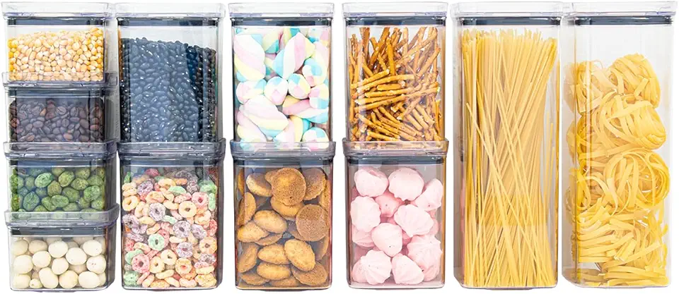 Kit 12 Potes Herméticos Acrílico Quadrado Empilháveis, Tampa de Vedação Silicone, Porta Alimentos e Mantimentos, Armário Cozinha Despensa