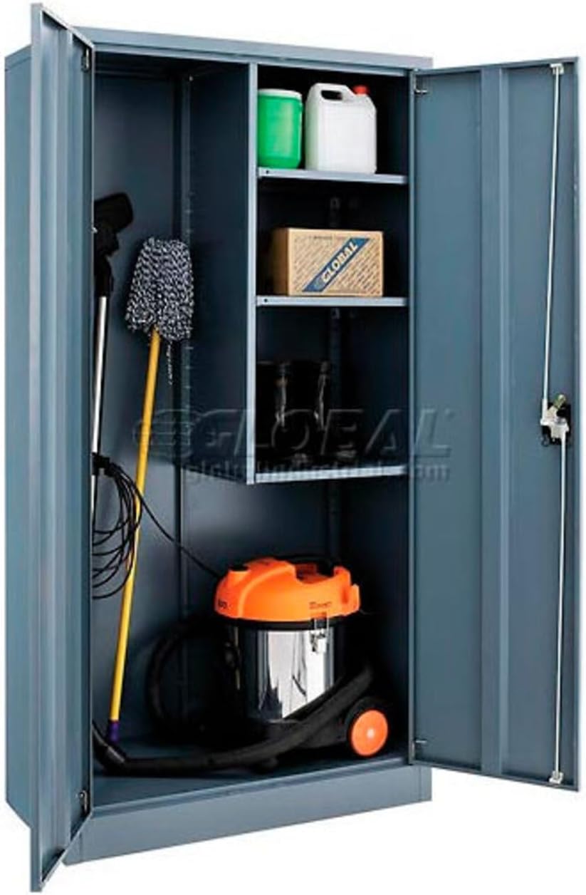 Global Industrial Janitorial Cabinet with Locking Recessed Handle, 4 Compartments, Steel Construction, 36" W x 18" D x 72" H, Gray Powder Coat Finish, Assembly Required