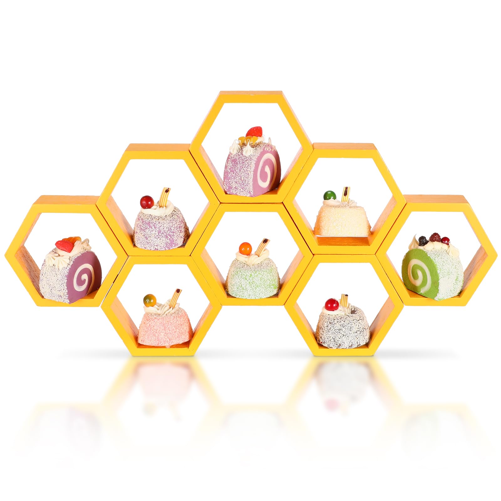 Kigley 8 Pcs Mini Honeycomb Cupcake Stand Wooden Hexagon Cake Display Holder Farmhouse Hexagonal Floating Table Sign for Baby Shower Boy Girl Birthday Party (Yellow)