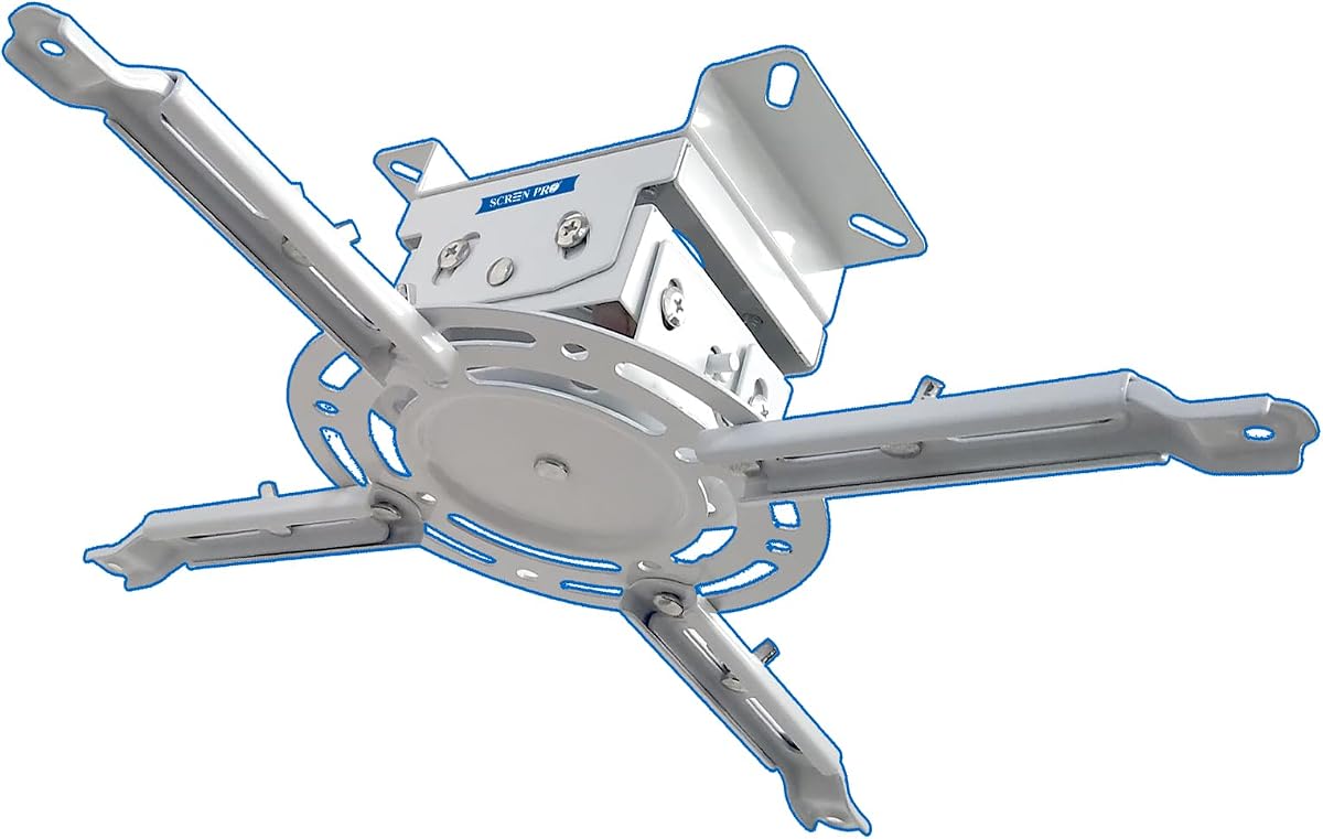 Low Profile Projector Ceiling Mount, 33lb Max, Universal, 4.7" | 360° Rot, ±30° Swivel, ±10° Tilt, Adj. Arms 3.7"-19", Steel, Quick Rel – Home & Office, No Single-Hole, White