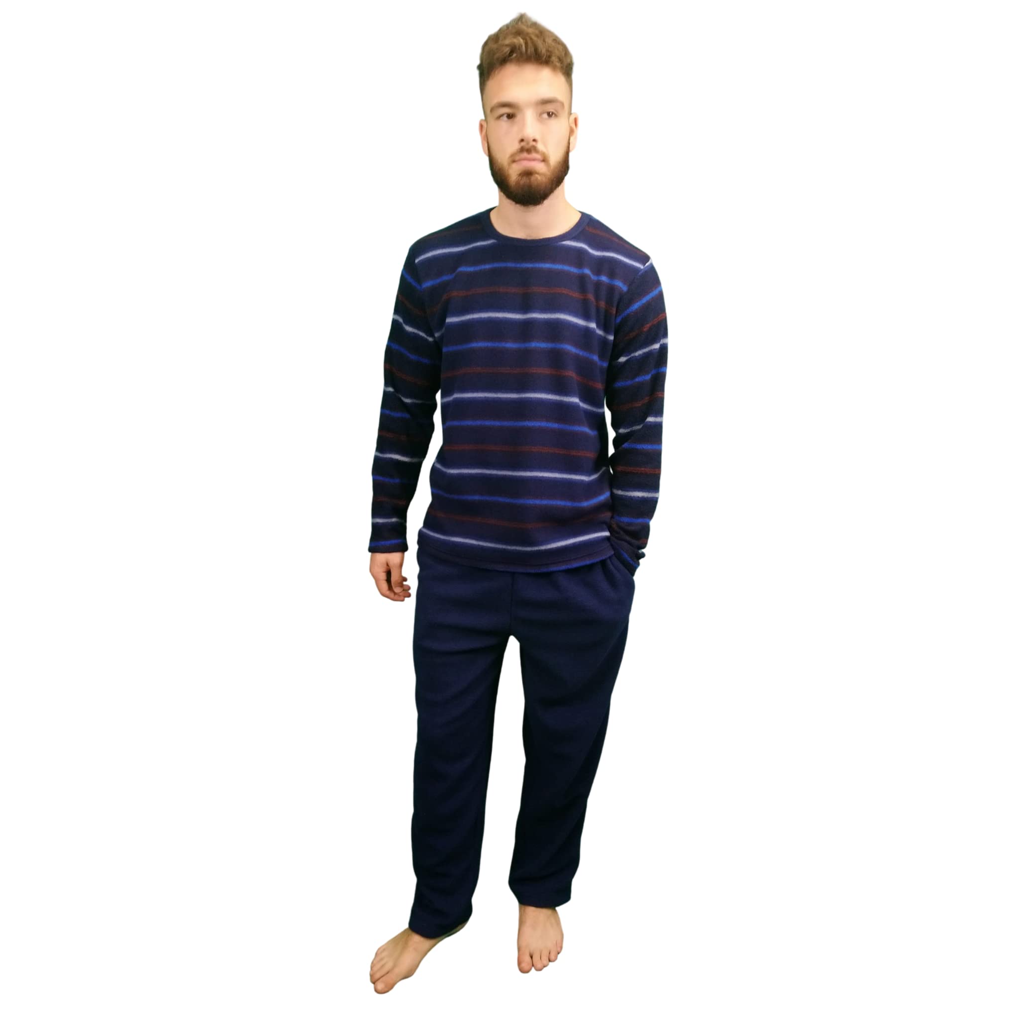 KRUXADER Mens Winter Striped Pyjama Set Loungewear PJs Warm Fleece PJ's