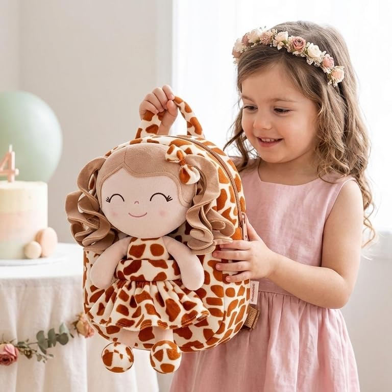 Image of Gloveleya Toddler Girls Backpacks Soft Doll Backpack for Kids Curly Hair Dolls for Girls Giraffe 9 inches