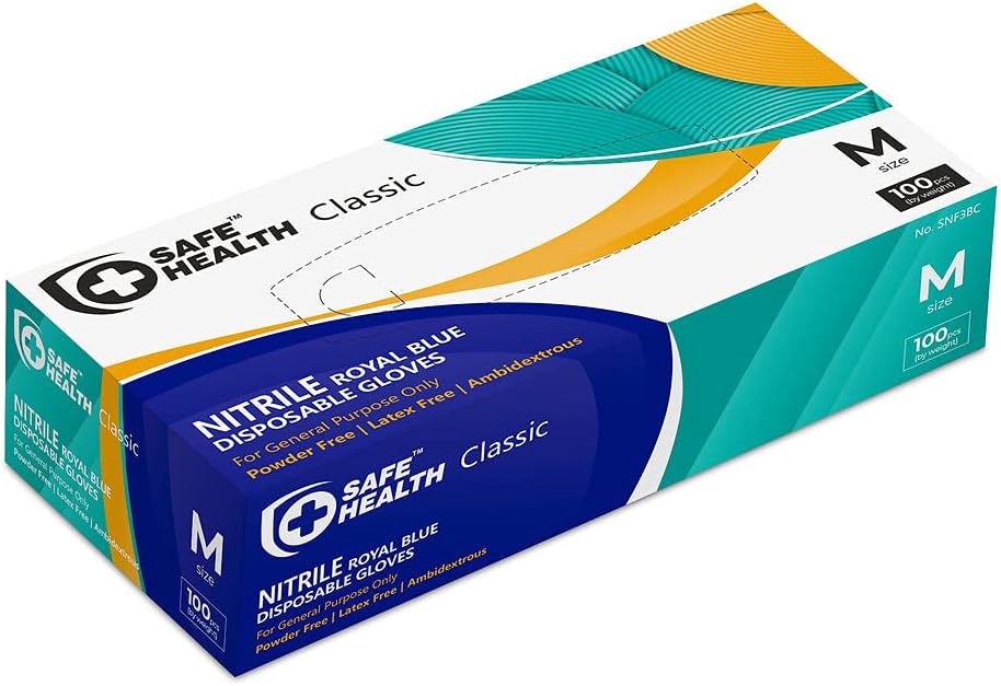 Safe Health Nitrile Disposable Gloves, Free of Latex & Powder, Blue, Textured, 3.5 Mil, Industrial, Food, Salon, Cleaning