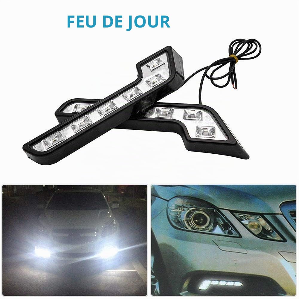 MASO Lot de 2 feux de circulation diurnes 6 LED pour voiture - Blanc - 12 V CC