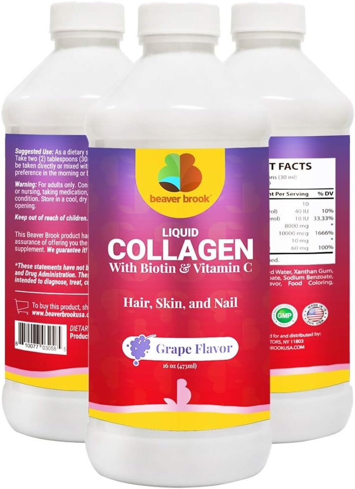Beaver Brook Liquid Collagen 8,000mg + 10,000mcg Biotin and Vitamin C - Grape Flavor - 16oz