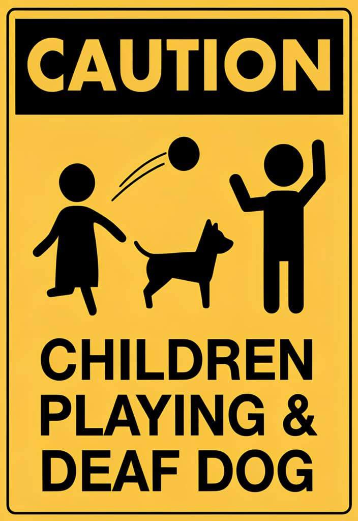 peiyeety Caution Children Playing and Deaf Dog Decorative Sign, Aluminum, 8x12 Inch, Rectangular, Wall Mount