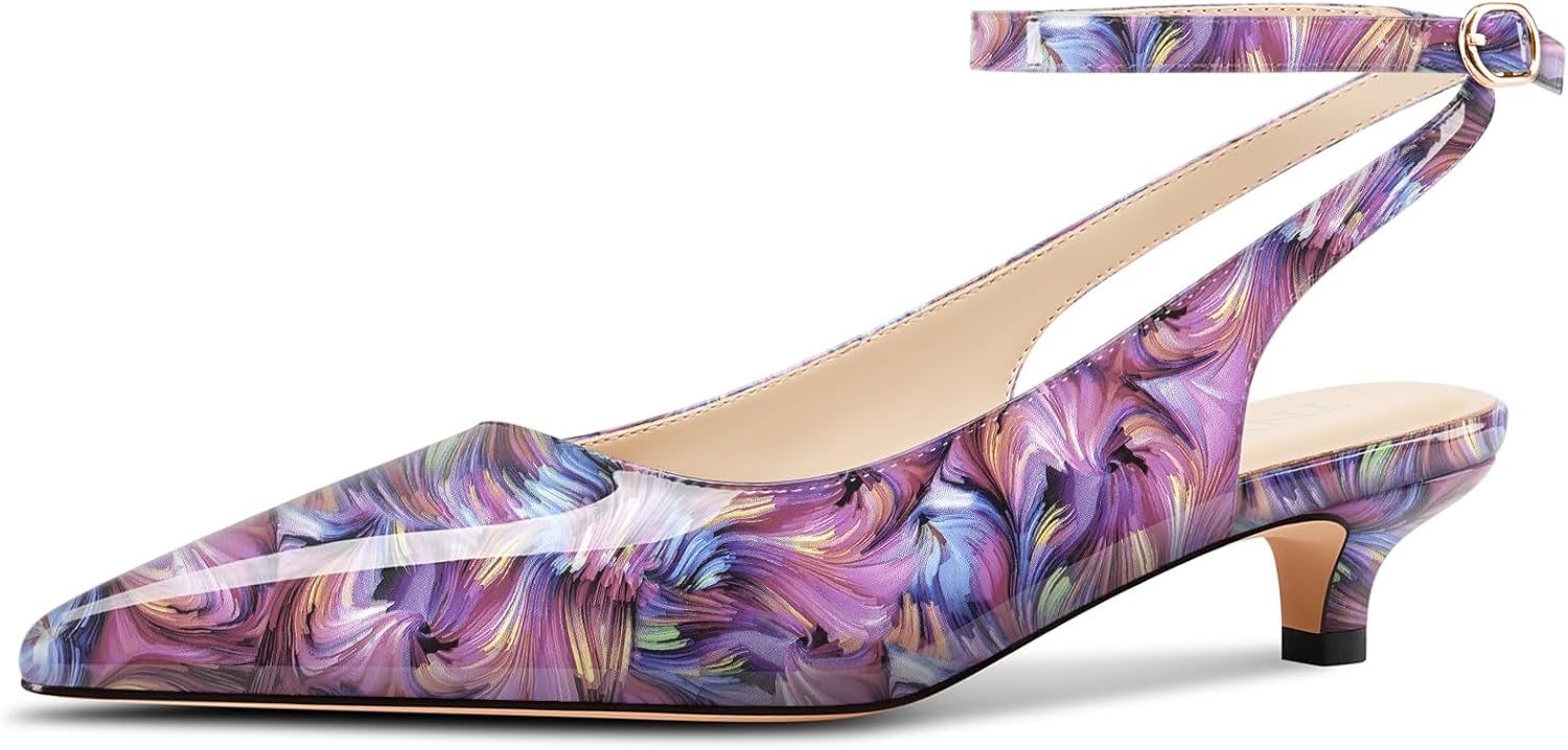 TNYNFBEB Womens Low Kitten Heel Pointed Toe Pumps Slingback Ankle Strap Buckle Prom Party Dress Cute Patent Leather 1.4 Inches Heels