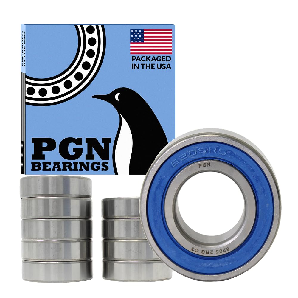 PGN (10 Pack) 6205-2RS Bearing - Lubricated Chrome Steel Sealed Ball Bearing - 25x52x15mm Bearings with Rubber Seal & High RPM Support