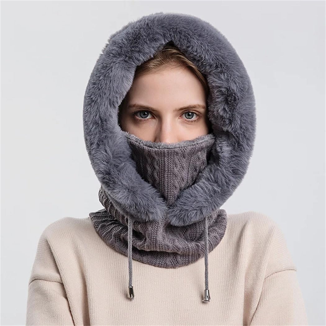 Women Knitted Blend Balaclava Style Hat Thick Plush Warm Beanie Hooded Design