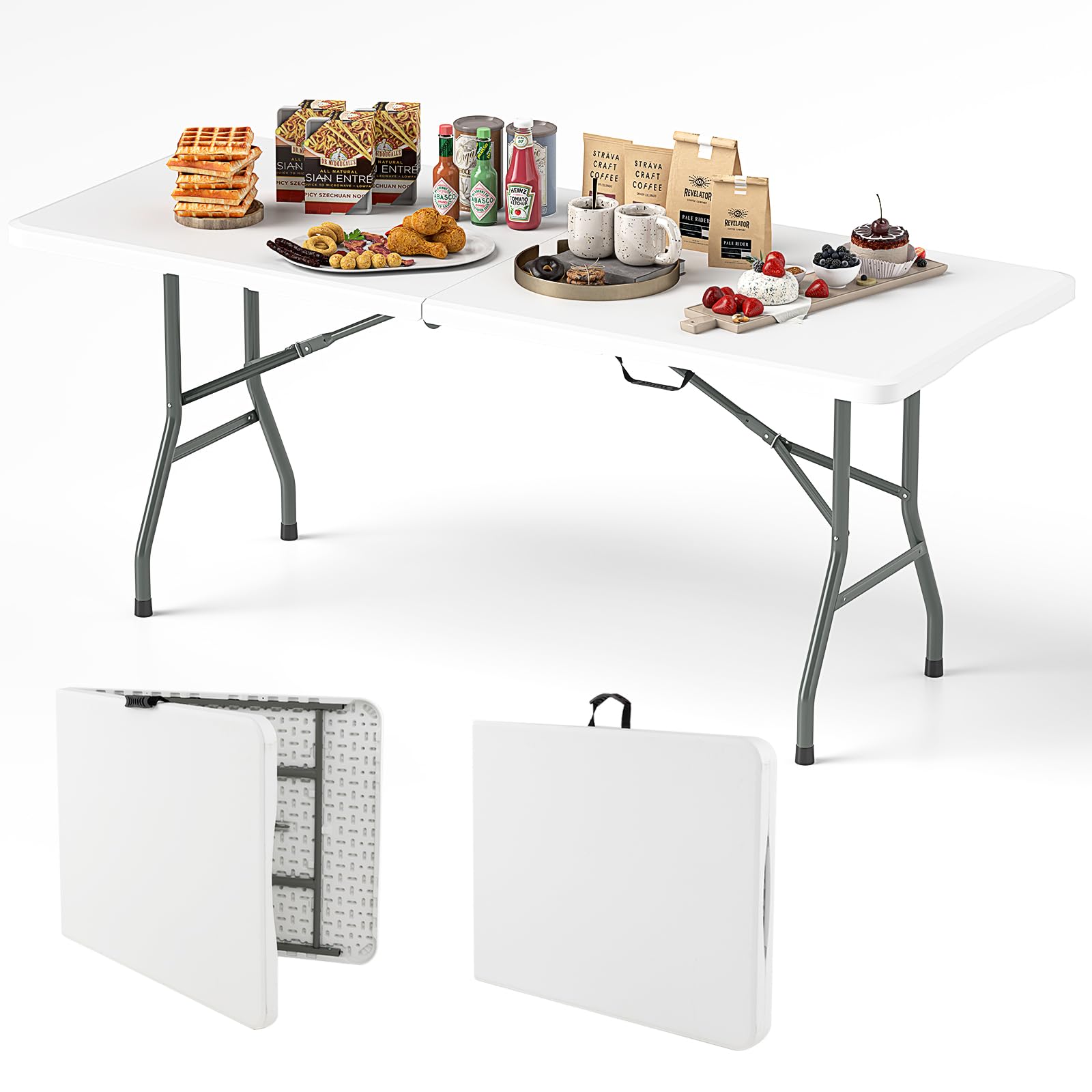 TANGZON 5FT/6FT/8FT Folding Camping Table, 150KG/180KG Portable Picnic Table with Carrying Handles, Heavy Duty Outdoor Fold-In-Half Trestle Dining Table for Party BBQ Market (180 x 74 x 74 cm)