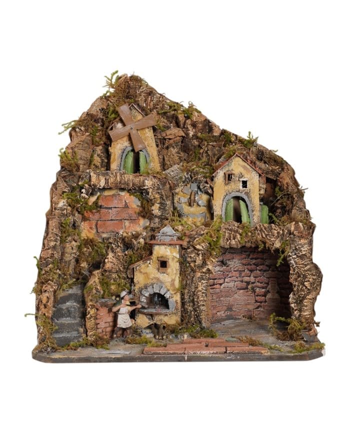 Chianese Presepe Napoletano Artigianale con Cascata, Luci, Forno, Mulino e Fontana, Dimensioni 47x40x47 cm, Compatibile con Pastori da 6-7 cm