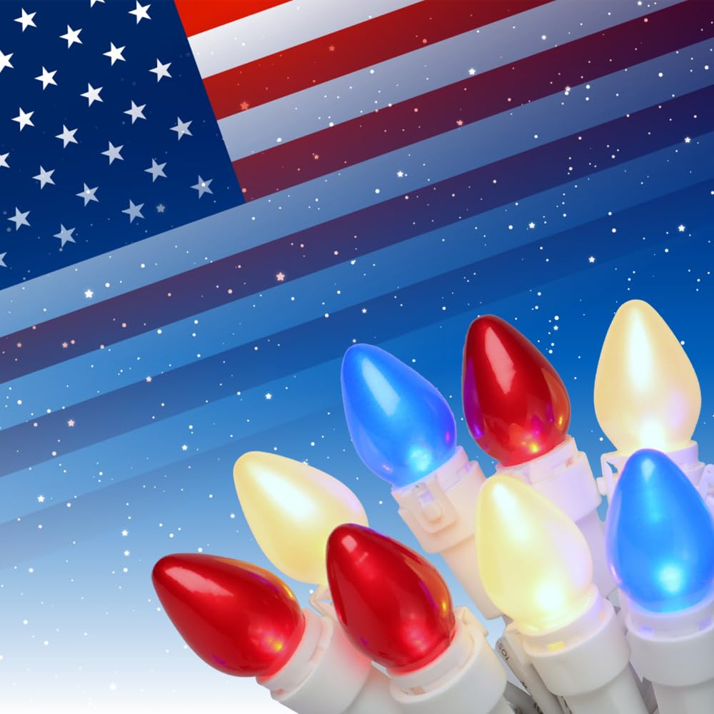 4th of July Lights, Red White Blue White Wire, C3 Glass 13.5 ft 50 LED Plug in Lights for Independence Day Celebration Party Memorial Day Patriotic Holidays Decor