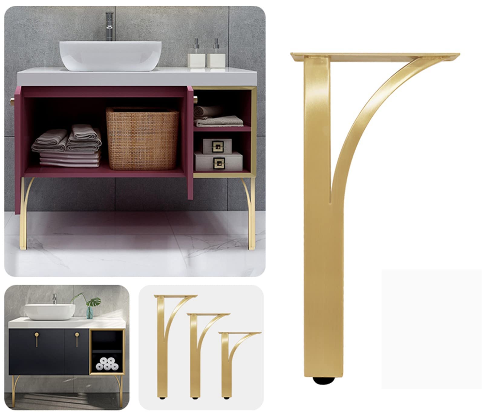 Patas ajustables de acero inoxidable para gabinete, paquete de 4 patas de metal para muebles de baño, soporte de TV y mesas, soporte dorado para cajones (altura: 20 cm)