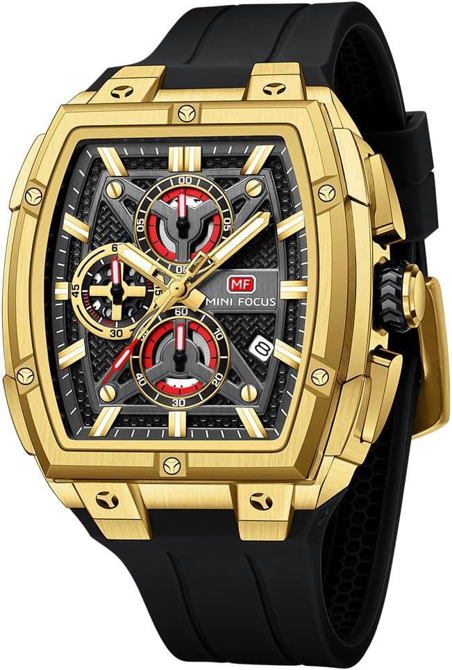 MF MINI FOCUS Men's Watch Analog Fashion Wrist Watch, Skeleton Tonneau Watch for Men with Chronograph,Ideal for Sports Enthusiasts and Daily Wear