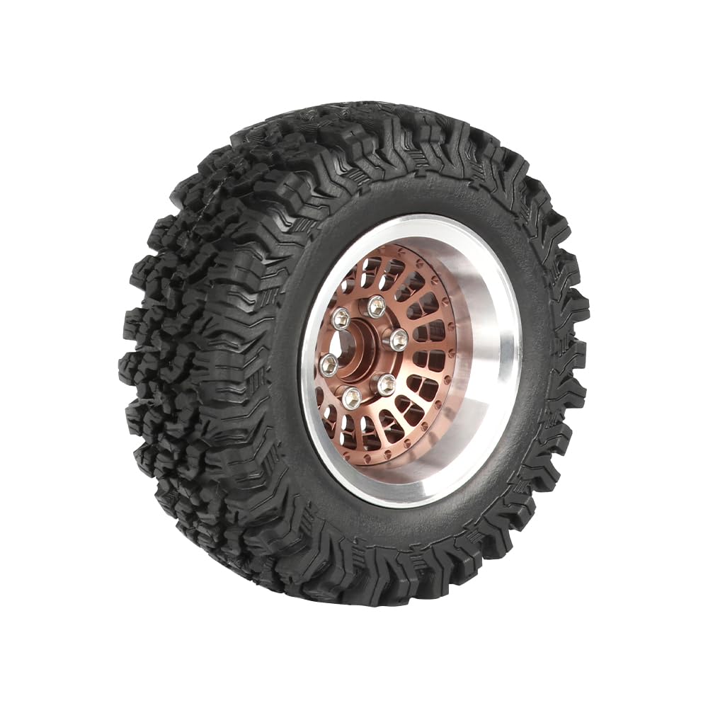 KINGCOO 4PCS 1,9" Beadlock Räder Felgennabe Offset-10mm Aluminium Metall und 90MM Gummireife für 1/10 RC Rock Crawler Auto für Axial SCX10 TRX4 TRX6 D90 TF2 MN UTB18 Upgrade Zubehör (Bronze)